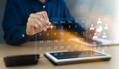Bright New Year Startup Calendar, Prepare Personnel Plan for Sustainable Development of Business, Calculate Balance, Date, Time, Personnel and Graphs in a Good Way, on Virtual Screen Business Concept
