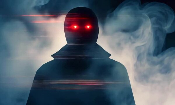 A dark, faceless entity with glowing red eyes that glitch into different shapes, emitting static distortion when it moves with glitch effect