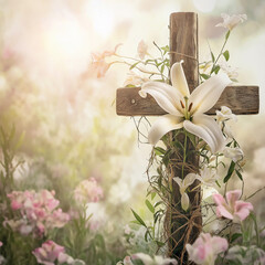 Wooden cross with Easter lily and flowers in soft sunlight.