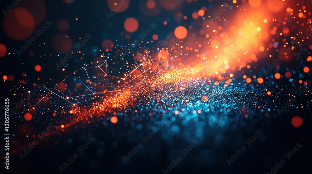 Poster dynamic interplay of blue and orange particles on dark background creating an abstract and energetic