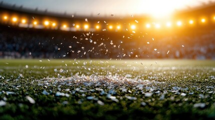 commercial photography for advertising campaign dynamic close-up of confetti falling onto turf after game illuminated