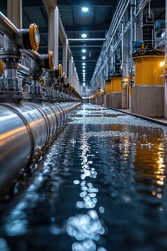  Large stainless steel water pipes at a treatment plant, arranged in parallel rows. Reflective finish gleams under bright lights, emphasizing modern infrastructure and utility design.