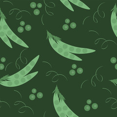 Seamless pattern with green peas and pea pods on a dark green background. Fresh vegetable-themed design featuring hand-drawn illustrations. Ideal for packaging, textile designs, kitchen-themed project