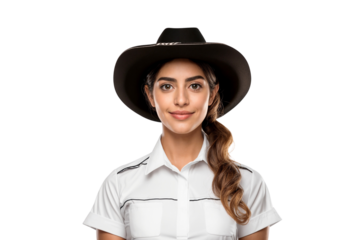 Portrait of a smiling Mexican woman wearing a hat, isolated on transparent background