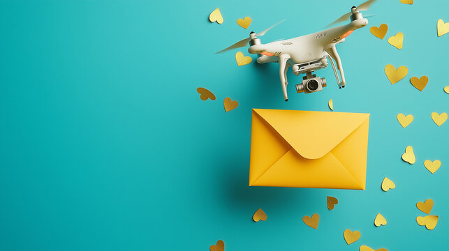 Drone delivering a yellow envelope. A fun, bright image.