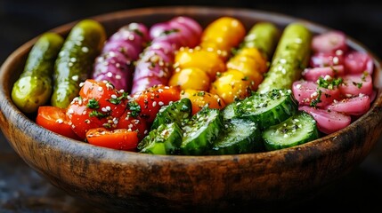 A bowl of assorted vegetables including tomatoes, cucumbers, and pickles