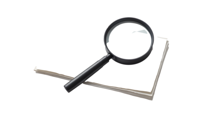 Magnifying glass vector image. Document inspection graphics. Transparent background illustration. Searchable visual icons.