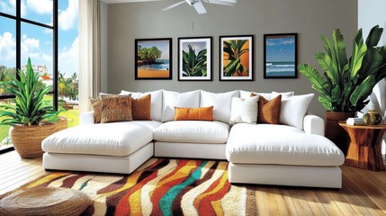 Cream linen chaise lounge in a bright farmhouse living room with natural sunlight