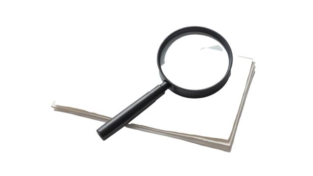Magnifying glass vector image. Document inspection graphics. Transparent background illustration. Searchable visual icons.