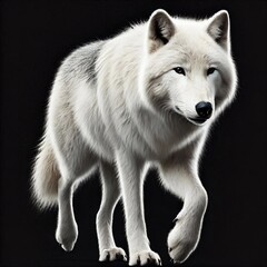 Obraz premium White wolf with grayish tones on its back, walking with one front paw raised, against a completely black background