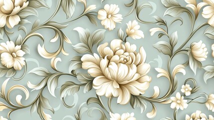 Classic floral wallpaper with gold filigree patterns on a pastel background