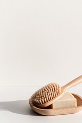 commercial photography for advertising campaign detailed close-up of wooden dish brush with soft bristles resting on