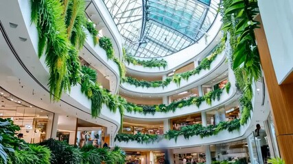 Modern shopping mall interior with multiple levels and lush hanging greenery under glass dome, combining retail and sustainable architectural design - Powered by Adobe