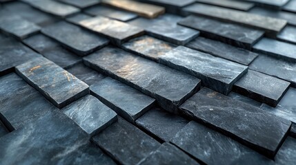Close-up view of textured slate stone tiles arranged in a geometric pattern, showcasing natural colors