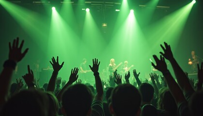 A vibrant crowd with hands raised in excitement fills the foreground, illuminated by striking green stage lights. The atmosphere is electric, capturing the joy and connection of live music as the band