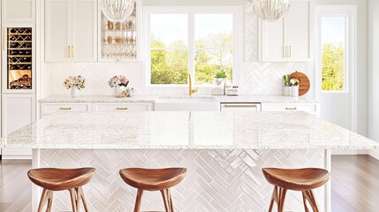 Fototapeta premium Glamorous kitchen with gold accents and spacious quartz island enhances luxury living experience