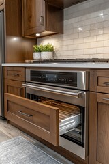 Fototapeta premium Senior-friendly kitchen with pull-out shelves, side-opening oven, and induction cooktops. Designed for accessibility, convenience, and safety in daily use.