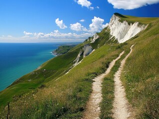 Scenic coastal path leads towards a chalk cliff under a blue sky with clouds on a sunny day