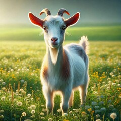 Obraz premium A goat with white fur stands in a field in the foreground