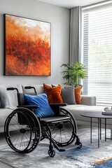  Stylish wheelchair seamlessly integrated into a modern living room with contemporary decor. A functional yet chic design showcasing accessibility and sophistication.