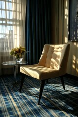 Fototapeta premium Modern, contemporary hotel room seating area in sleek design. Blue and beige tones, luxury lounge chair style. Soft window lighting.