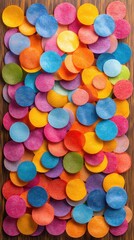 Multicolored paper confetti circles scattered on a wooden surface

