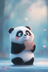 Adorable panda cub holds a letter, surrounded by hearts. Sweet, cute, and charming!