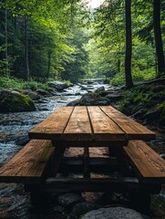 Fototapeta premium A wooden picnic table by a serene stream surrounded by lush greenery.