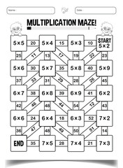 Multiplication maze puzzle worksheet for children