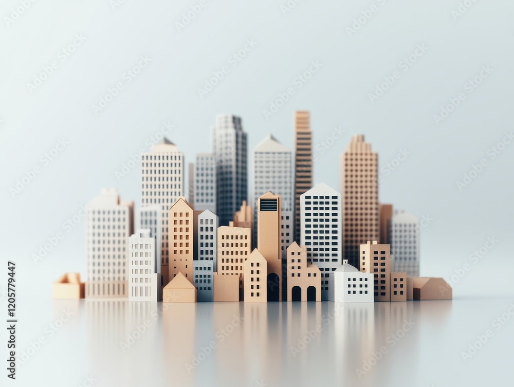 Poster a minimalist cityscape featuring various shapes and heights of buildings with a soft color palette, 