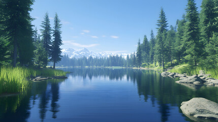 
A serene lake surrounded by evergreen trees, reflecting the clear blue sky above 