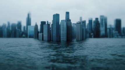 Fototapeta premium Climate change: Pollution and temperature rise. Flooded cityscape with skyscrapers partially submerged in water.
