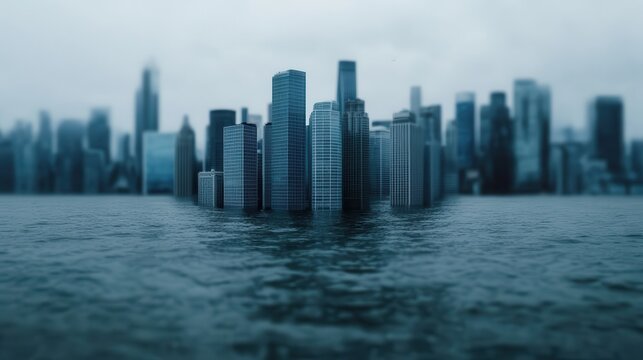 Climate change: Pollution and temperature rise. Flooded cityscape with skyscrapers partially submerged in water.
