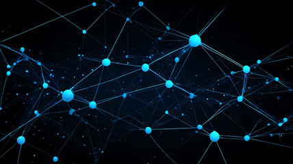 Obraz premium A visually stunning abstract image showcasing a complex network of interconnected light blue nodes against a deep black background.