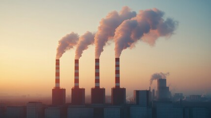 Climate change: Pollution and temperature rise. Industrial smokestacks emitting clouds at sunset.