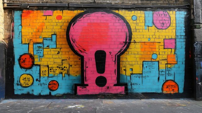 A colorful mural with a pink and yellow object in the middle
