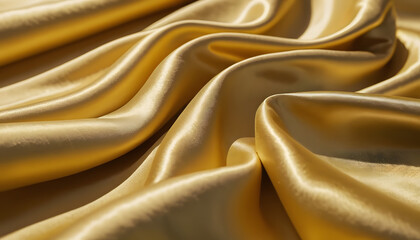Close-up Gold Satin Texture Luxurious gold satin fabric with soft flowing waves. High-resolution 4K image showcasing smooth texture elegant folds and shimmering highlights. Perfect for premium designs