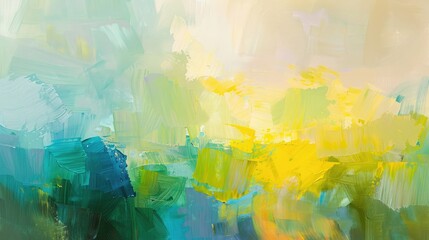 Abstract oil paintings with bold lines in yellow, green and blue, textured and bright.