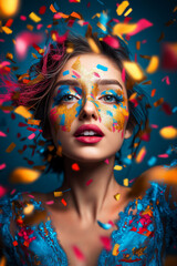 Young woman with vibrant makeup, surrounded by colorful confetti. A burst of joy and creativity.