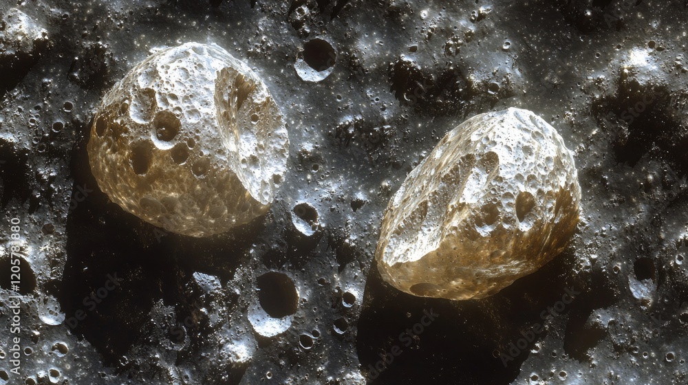Poster deep space unveils a stunning view of two rugged asteroids nestled in a landscape of craters and shi