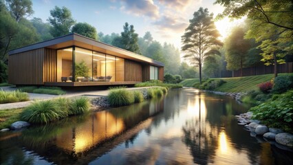 Obraz premium Modern Architectural Design Serene Lakeside Home with Expansive Glass Walls and Warm Wood Accents at Golden Hour