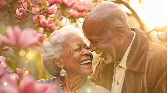 Portrait of lovely happy elderly afro american black couple on morning run outside in city park, retirees wife and husband rejoice in active lifestyle, smiling woman tenderly embracing her spouse afte