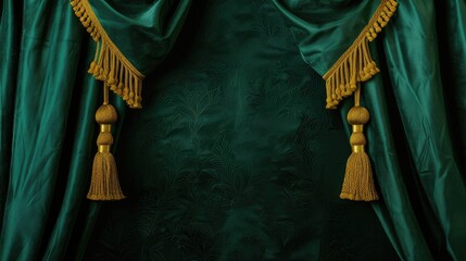 Fototapeta premium Elegant emerald green curtains with gold tassels. Create a classic and elegant atmosphere. suitable for decoration