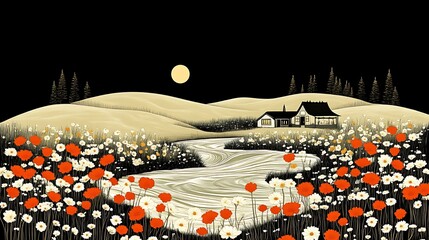 Serene Nighttime Cottage Landscape With Blooming Flowers