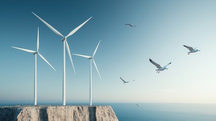 A serene landscape featuring wind turbines on a cliff, with birds soaring in the clear blue sky above the ocean.