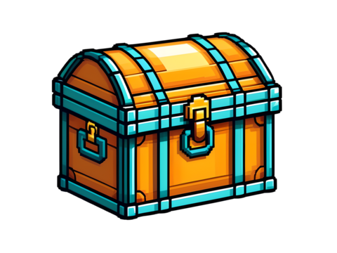 Retro Pixel Art Treasure Chest Sticker: Gaming Style, Contour Vector Design on White Background
