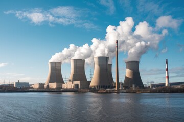 Nuclear power plant emitting steam into atmosphere by the river