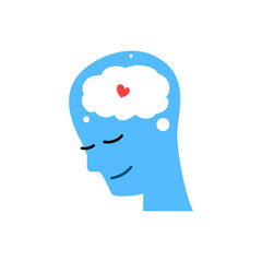 flat illustration silhouette of a human head with a heart symbol inside. mindfulness, emotional balance, self love, and mental well being. for wellness campaigns and mental health awareness projects