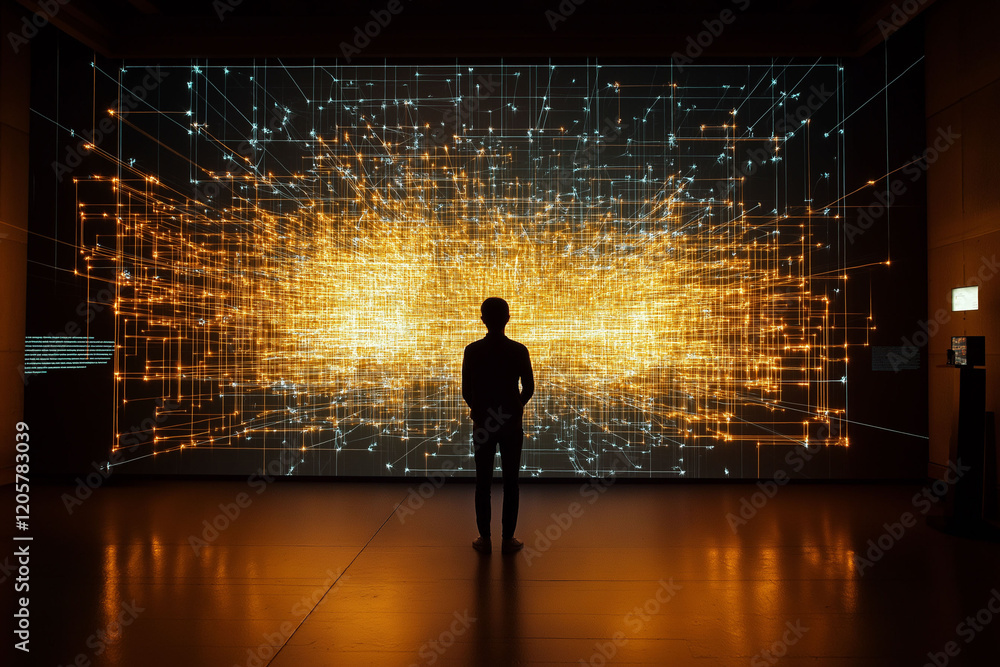 Poster information source retrieval conception. human silhouette interacting with a glowing digital element