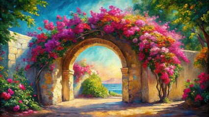 Fototapeta premium A sunlit stone archway, adorned with vibrant bougainvillea blossoms, frames a tranquil seascape view, creating a picturesque summer paradise scene.